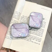 1pc Purple Holographic Shell Pattern Butterfly Earphone Case Pretty Butterfly Semi-Transparent Matte Soft Shell With Hook, Fairy Dreamy Girl Bluetooth Earphone Protective Cover Suitable For AiPods1/2, Suitable For Airpods3, Suitable For Airpods4, Suitable For Airpodspro - White - View 5
