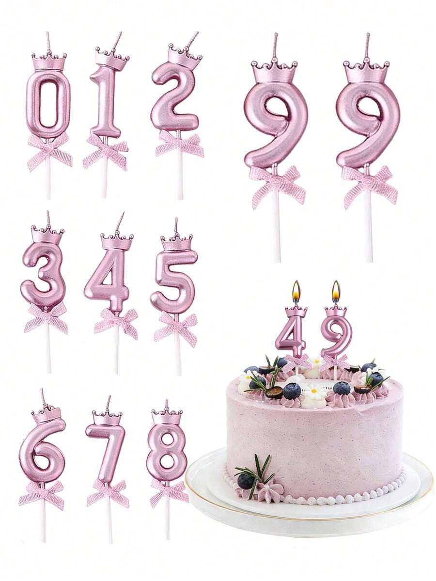 1件 0-9數字生日蠟燭,亮粉色皇冠圖案生日蠟燭,適用於生日、週年紀念及各種慶祝場合,飾有亮片與蝴蝶結細節 - 彩色 - 查看 1
