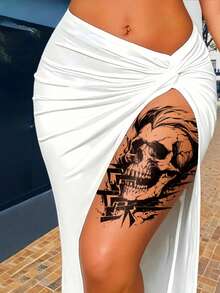 2pcs Fashionable Cool Tattoo Stickers, Semi-Permanent Botanical Temporary Tattoo, Disposable Tattoo, Couple Tattoo, Skull & Letter Pattern Tattoo Stickers, Waterproof Non-Reflective Easy To Use, Very Realistic, Suitable For Women Or Men Chest, Waist, Abdomen, Legs, Arms, Lasts 2-5 Days, Suitable For Party, Performance, Travel And Other Occasions - Black - View 3