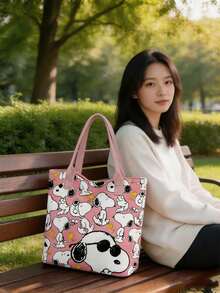 1pc Snoopy Striped Canvas Tote Bag, Large Capacity Shoulder Bag, Cute Multifunctional Handbag, Suitable For Work, Casual, Travel, School, Birthday, Valentine's Day, Mother's Day Gift - A - View 6