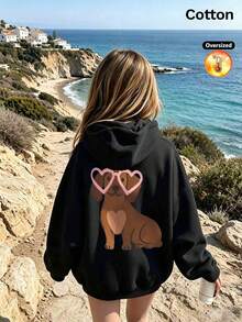 2026 Autumn/Winter Girls' Custom Loose Black Hooded Sweatshirt, Puppy Pattern With Heart-Shaped Glasses, Cute Cartoon Style - Black - View 10