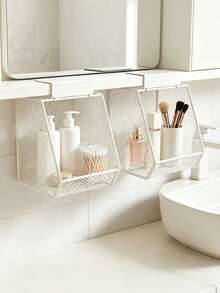 Under-Cabinet Hanging Mesh Storage Basket, Metal Cosmetic Organizer Rack, No-Installation Makeup Storage Shelf, Large Capacity For Makeup Brushes, Perfume, Lipstick, Bathroom Vanity And Cabinet Storage, Space-Saving Home Storage Accessory - Multicolor - View 8