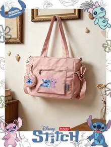 Miniso Disney Stitch & Angel Enjoy Time Together 文字印花托特包 2 件組附零錢包，適合工作、旅行、購物與日常使用 - 粉色 - 查看 4