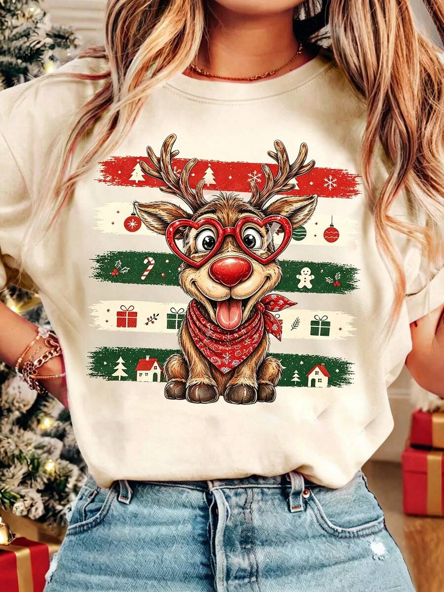 Plus Size Women's "90s More Fun" Christmas T-Shirt, Vintage VHS Tape Distressed Print, Crew Neck Short Sleeve Loose Fit Holiday Party Top - Khaki - View 1