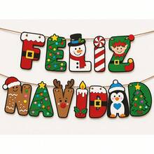 Feliz Navidad Banner Spanish Christmas Wreath 2D Acrylic Letter Hanging Flag Snowman Elf Gingerbread Man Penguin Pattern Christmas Home Wall Fireplace Hanging Decoration Holiday Party Decor - Multicolor - View 6