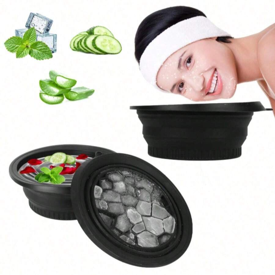 Large Capacity Foldable Multi-Function Ice Bowl/Cold Compress Beauty Device ( Silicone Material): Combines Ice Making And Cold Compress Container In One, Minimalist Solid Color Design (Black, Blue, Pink Three Colors Available). Features Round Basin With Honeycomb Ice Tray And Hanging Hole For Easy Storage - Multicolor - View 1