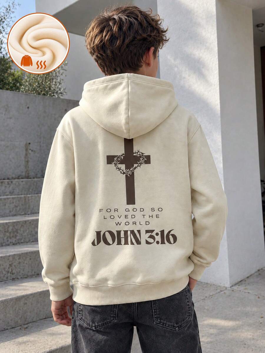 1pc Tween Boy Thermal Lined Thick Warm Sweatshirt, Young Student Clothing, Suitable For Kids Autumn/Winter Long Sleeve Top - Apricot - View 1
