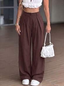 Women's Vintage High-Waist Wide Leg Suit Pants, Loose Fit Slimming Casual Commute Straight Leg Trousers, Autumn/Winter - Brown - View 1