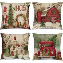 4PCS Christmas Decorative Pillow Cover, Red Snowflake And Christmas Tree Printed Cushion Cover, Farmhouse Style Suitable For Home Sofa And Living Room, Home Decor / Autumn Decoration / Room Decoration, Single-Sided Print, Pillow Insert Not Included - Red - View 9