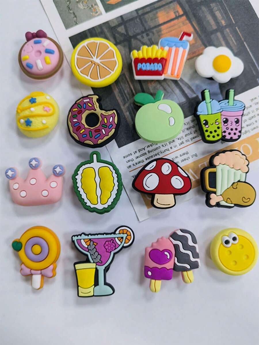 16PCS Fun Food Themed Shoe Charms, Various Realistic Food Patterns, Fit Clogs. Beautify Outfits For Relaxed Lively Vibe. - Multicolor - View 1