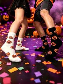 3 Pairs Women's Cute Cartoon Pumpkin Halloween Party Socks, Unisex All Season, Holiday Gift - Multicolor - View 2