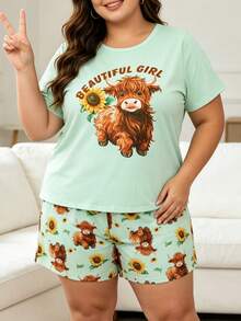 Plus Size Women's 3 Pieces Casual Loungewear Pajama Set, Animal Sunflower Highland Cow Print Design, Round Neck Short Sleeve Top With Pink & White Plaid Elastic Shorts And Long Pants, Soft Comfortable Loose Fit, Suitable For Outdoor Women's Pajamas And Loungewear, Wearable All Year Round - Mint Green - View 3