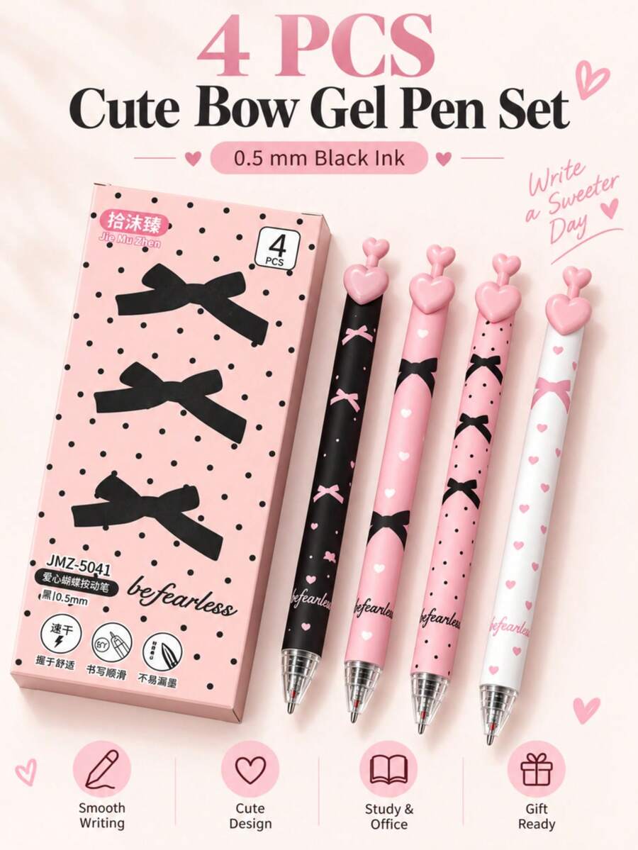4pcs/Box Pink Bow Neutral Pens, 0.5mm, Quick-Drying Smooth, Pink White Black 3 Colors, Multiple Cute Patterns, Essential For Office And Study - Sets - View 1