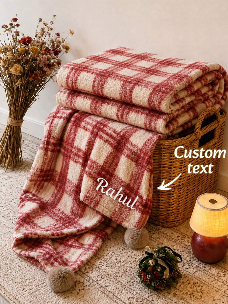 1pc Personalized Monogram Embroidered Throw Blanket, Custom‑Text Vintage Plaid Grid Household Blanket, Distinct Plaid Print With Pom‑Pom Ball Trim, Three Color Selections, Holiday Gift For Bedroom, Living Room And Household Space Display
