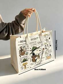1pc Snoopy Striped Canvas Tote Bag, Large Capacity Shoulder Bag, Cute Multifunctional Handbag, Suitable For Work, Casual, Travel, School, Birthday, Valentine's Day, Mother's Day Gift - A - View 2