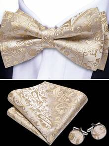 4Pcs Men Apricot Paisley Jacquard Bow Tie Pocket Square Cufflinks Brooch Set For Wedding Business Party - Apricot - View 4
