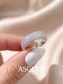 1pc Women's Shiny Zirconia Full Pave Diamond Ring, Engagement Wedding Party Daily Wear Anniversary Jewelry Gift - Silver - View 1