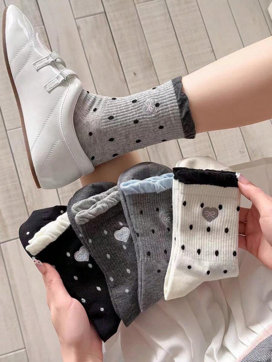 5雙時尚女款波點中筒襪，荷葉邊袖口愛心與蝴蝶結設計，日常休閒百搭中筒襪