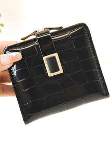Women's Short Crocodile Pattern Soft PU Snap Button Wallet, Multifunctional Coin Purse & ID Card Holder, Minimalist Lightweight Compact Exquisite Portable, Suitable For Holiday Gift - Black - View 3