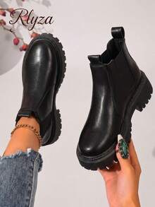 rlyza Go With Shorts,Fashion Match Black Dress,Women's Solid Color Chelsea Boots, Simple & Fashionable Slip-On Ankle Boots Go With Fall Women Clothes - Black - View 1