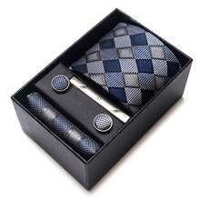 AlanKing 1套男士領帶、口袋巾、袖扣禮盒，花卉藍色領帶 7.5 cm，適用於節日、婚禮、工作 - HB254 - 查看 5