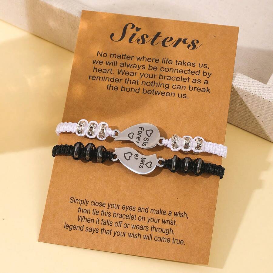 2pcs Vintage Stainless Steel Engraved Heart Woven Friendship Card Bracelet, Suitable For Women - Black and White - View 1
