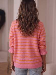 Plus Size Pink Striped Long Sleeve Cardigan, Button Detail, High Elastic Fabric, Comfortable Wear, Regular Length, Preppy Style, Exquisite Daily Knitwear - Pink - View 2