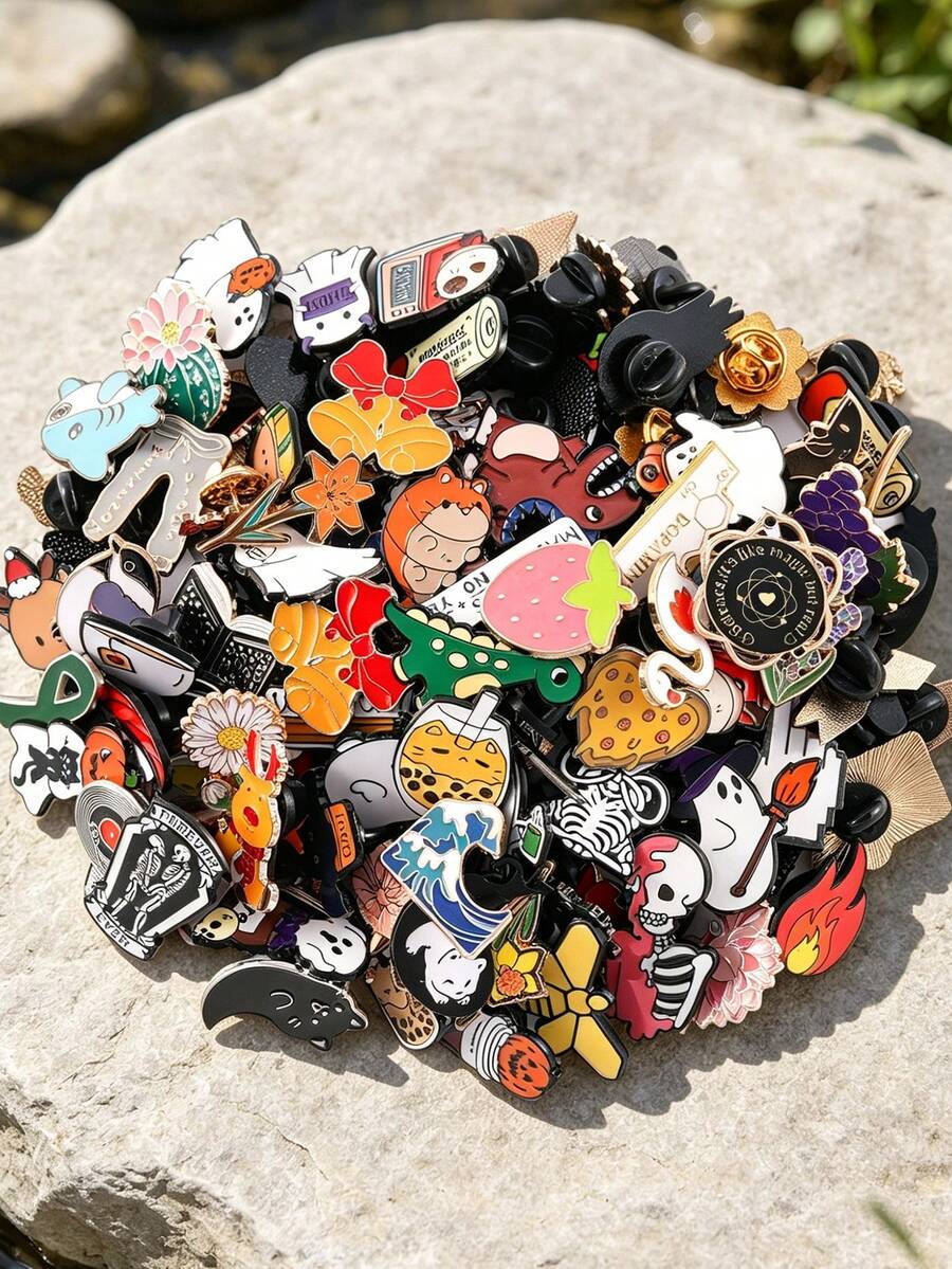 5/15/25/35/45/55/65/75/85/95/100pcs Mixed Creative Decorative Brooches, Rich Patterns Including Food, Flowers, Letters Elements, Multiple Styles And Diverse Designs, Suitable For Decorating Backpacks, Coats, Shirts, Hats, Perfect For Collecting, Playing And As Creative Small Gifts - Multicolor - View 1