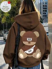 Sudadera con capucha fina con estampado de oso de talla grande, sudadera casual de manga larga con bolsillos. Se puede dar como regalo a la familia, un artículo imprescindible de invierno para niñas. Marrón - Marrón - Ver 1