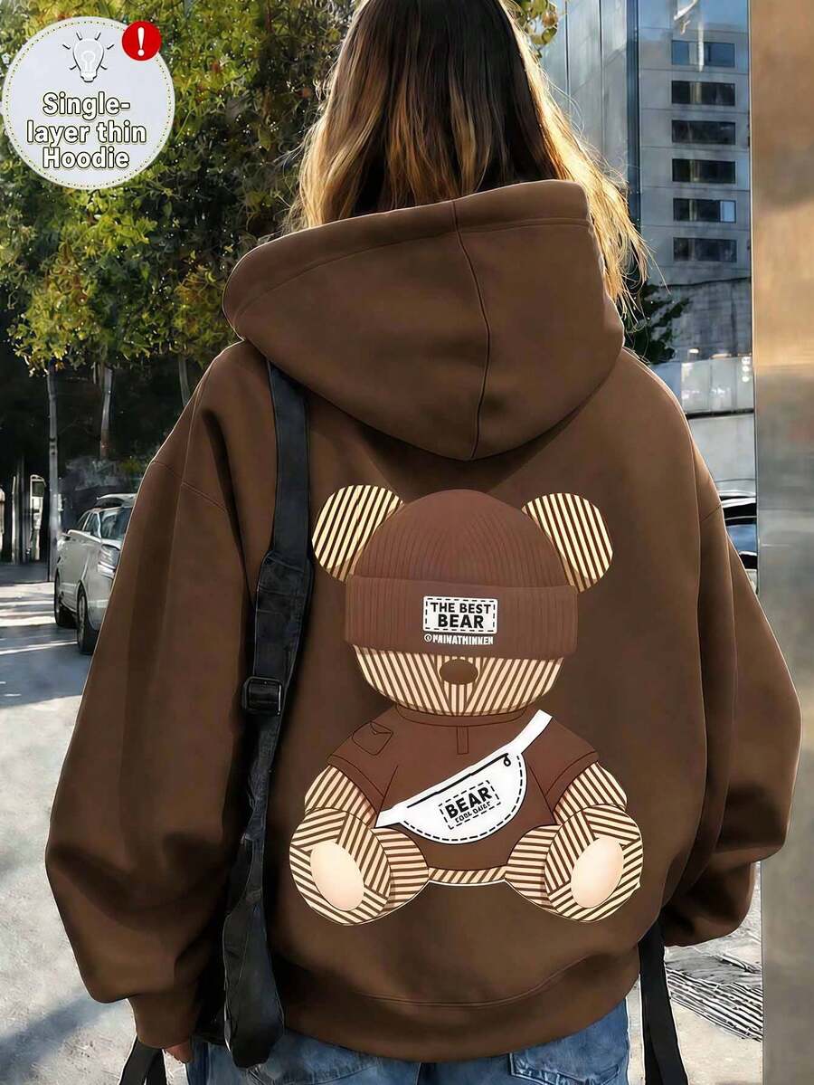 Sudadera con capucha fina con estampado de oso de talla grande, sudadera casual de manga larga con bolsillos. Se puede dar como regalo a la familia, un artículo imprescindible de invierno para niñas. Marrón - Marrón - Ver 1