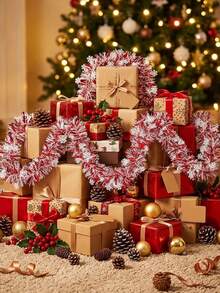 4pcs 2m Christmas Snowflake Sequin Ruffle Ribbon, Christmas Tree Decoration, Christmas Table Decoration, Christmas Stair Railing Decoration, Christmas Party Decoration, DIY Christmas Gift Basket Decoration, Christmas Chair Back Decoration - Multicolor - View 1