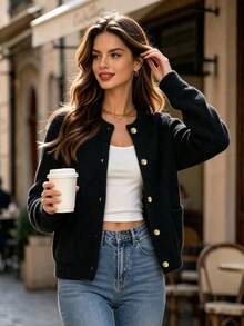 DONICY Women Elegant Fuzzy Knit Cardigan, Round Neck Gold Button Pocket Long Sleeve Fall Outerwear - Black - View 6