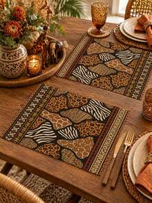 African Safari Patchwork Animal Print Table Runner, Pillow Case, Placemat, Bohemian Zebra Leopard Giraffe Pattern, Geometric Border Dining Table Party Kitchen Home Decor - Multicolor - View 5