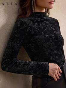 ALIAO Women's Solid Color Embossed Velvet Long Sleeve Top, Elegant Daily & Date Style, Autumn/Winter - Black - View 5