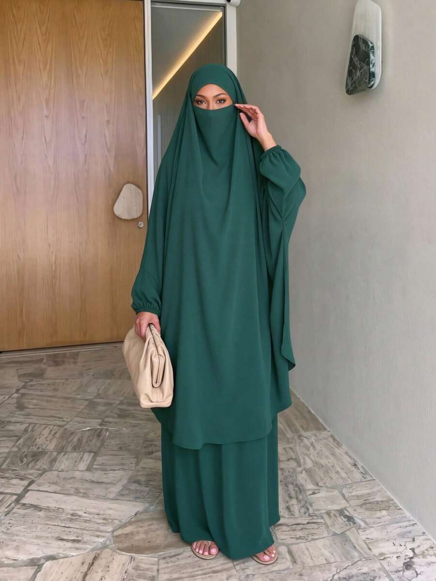 2件組禱告長袍套裝含希賈布,彈性袖口端莊穆斯林女款全遮蓋伊斯蘭禮拜服 - 72# 墨綠 - 查看 1