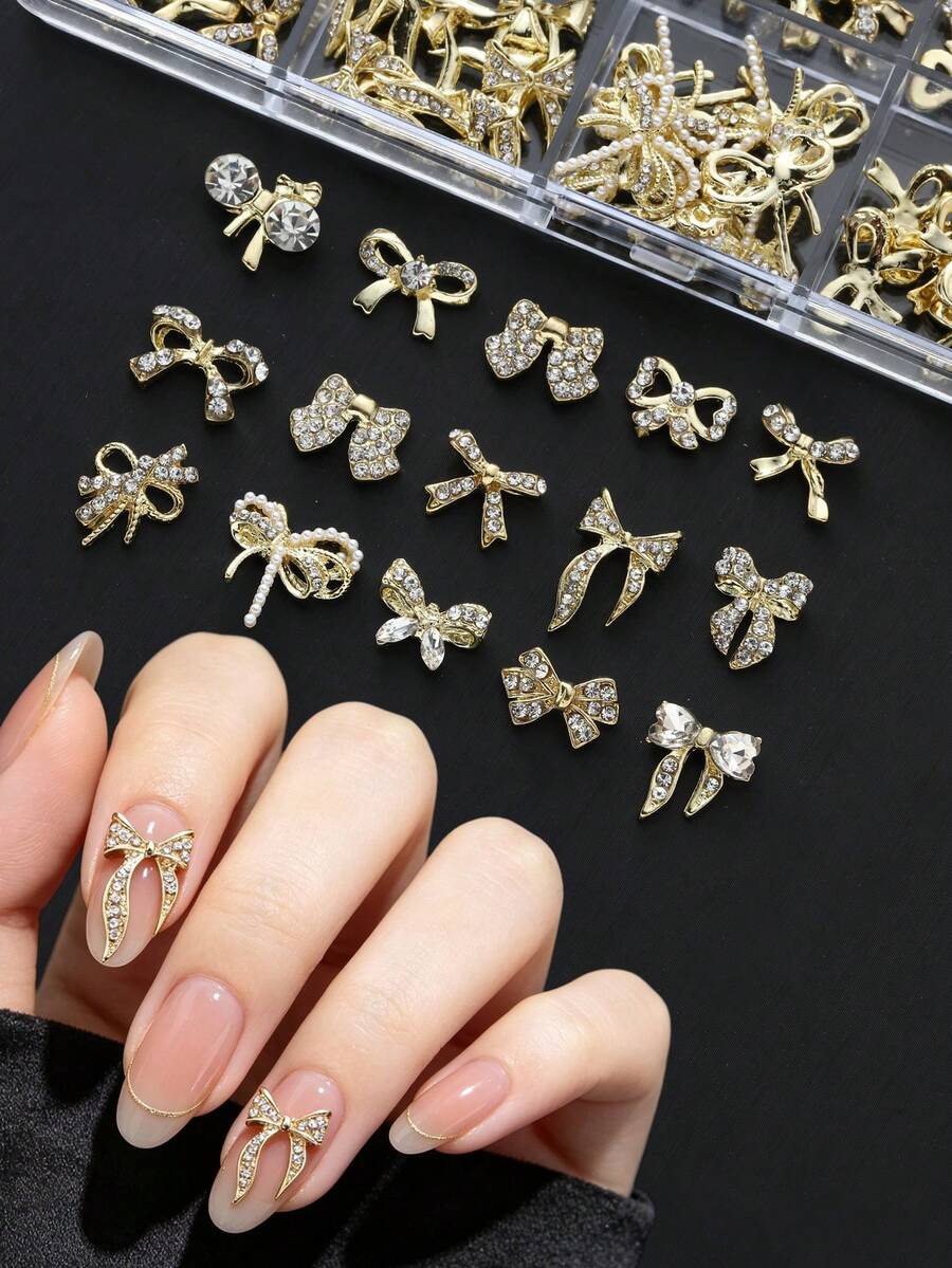 30pcs/20pcs/10pcs Metal Bow Nail Art Charms, Shiny Rhinestone & Pearl Inlaid Alloy Nail Decorations, Luxury 3D Bow Nail Accessories For DIY Nail Art - Multicolor - View 1