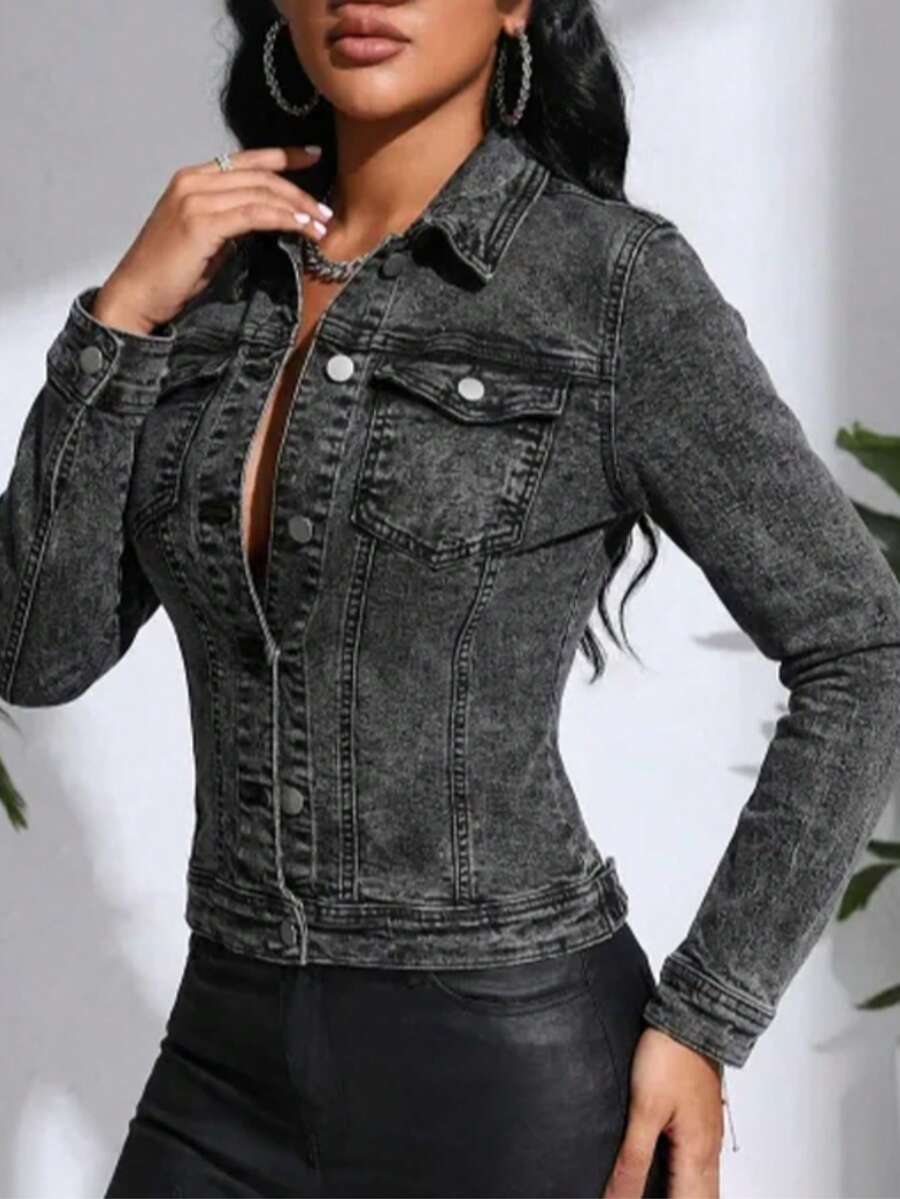 Jaket Denim Kasual Berlapis Motif Salju untuk di Rumah, Sehari-hari, Bepergian, Sepanjang Musim - Hitam - View 1