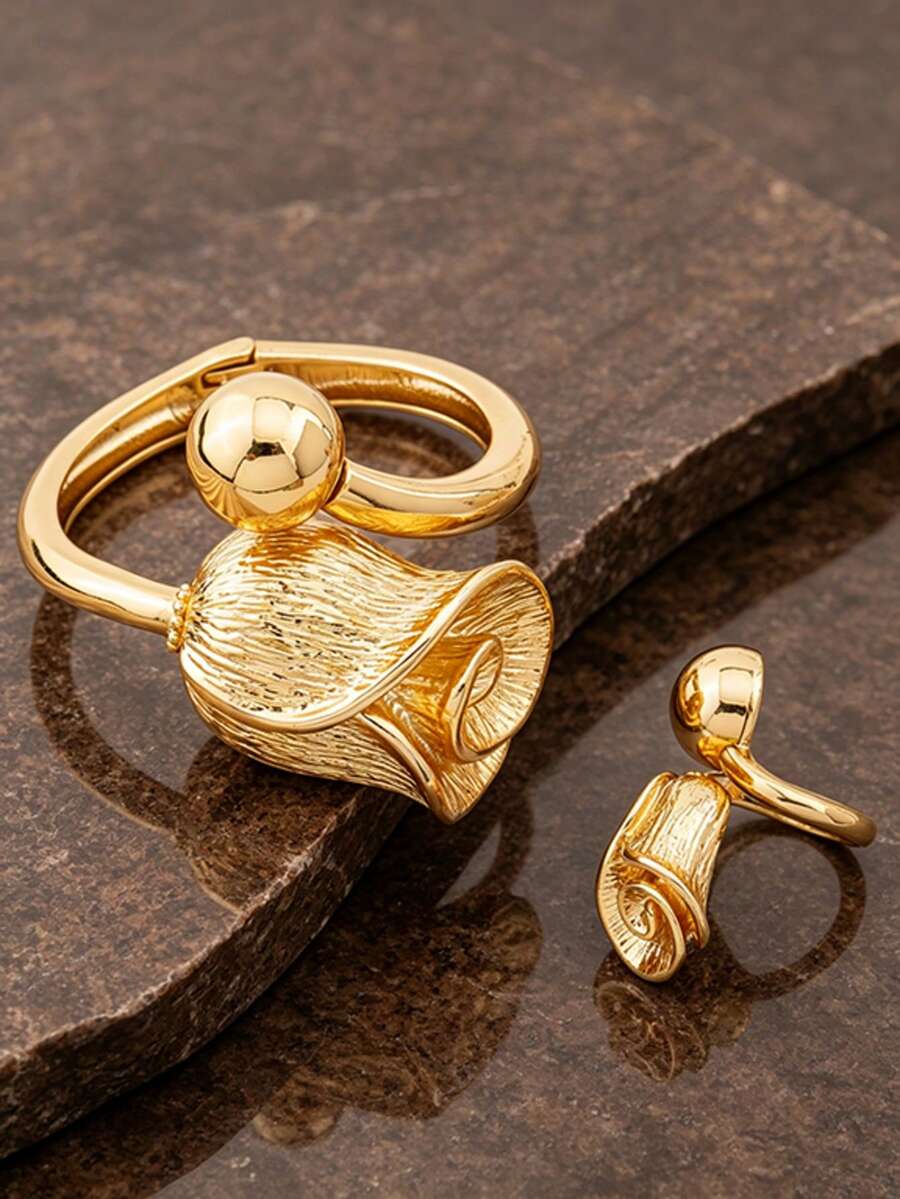 Letingsha Gelang dan Cincin Terbuka yang Dapat Diatur dengan Desain Bunga Mewah Berlapis Emas dan Enamel Emas, Cocok untuk Wanita, Dapat Digunakan untuk Pernikahan, Perjamuan, Pesta Sehari-hari, dan Acara Lainnya - Yellow Gold - View 1
