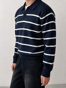 Men's Retro Casual Colorblock Horizontal Striped Knit Sweater, Turn-Down Collar, Pullover Layering Base Top, Autumn/Winter New Style - Navy Blue - View 3