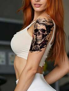 2pcs Fashionable Cool Tattoo Stickers, Semi-Permanent Botanical Temporary Tattoo, Disposable Tattoo, Couple Tattoo, Skull & Letter Pattern Tattoo Stickers, Waterproof Non-Reflective Easy To Use, Very Realistic, Suitable For Women Or Men Chest, Waist, Abdomen, Legs, Arms, Lasts 2-5 Days, Suitable For Party, Performance, Travel And Other Occasions - Black - View 2