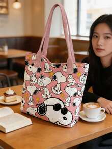 1pc Snoopy Striped Canvas Tote Bag, Large Capacity Shoulder Bag, Cute Multifunctional Handbag, Suitable For Work, Casual, Travel, School, Birthday, Valentine's Day, Mother's Day Gift - A - View 8