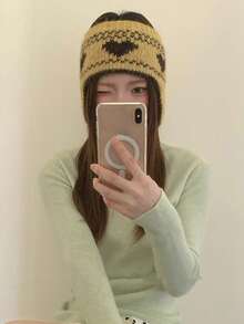1PC Y2K Cute Heart-Patterned Knit Ear-Warming Beanie, Retro Yellow Winter Hat, Soft And Warm Fall Beanie, Christmas Holiday Outfits - Multicolor - View 5