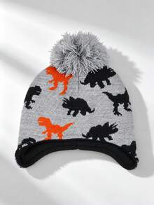 1PC Little Kids Jacquard Knit Earflap Beanie, Dinosaur Pattern Pom‑Pom Hat For Boys Casual Outdoor Outfits - 1PC - View 4