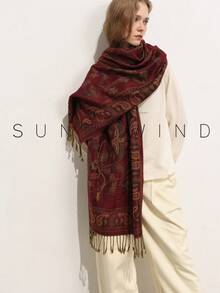 1pc Women's Bird & Floral Print Elegant Versatile Polyester Scarf, Suitable For All Seasons And Daily Wear - Burgundy - View 5