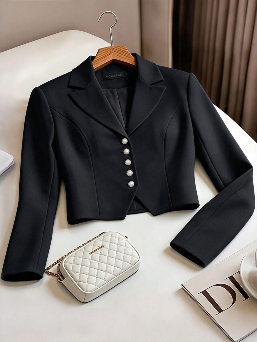 HOMEYEE White Lightweight Blazer, Vintage Casual Style, Suitable For Spring/Autumn Vacation, Daily Commute, Business Workplace, Elegant Commuter Style - Black - View 1