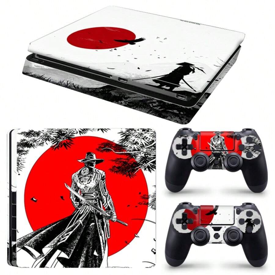 Samurai Silhouette Art Vinyl Sticker Set Compatible With PS4 Slim, Console + 2 Controllers, Scratch-Resistant Removable No Residue - View 1