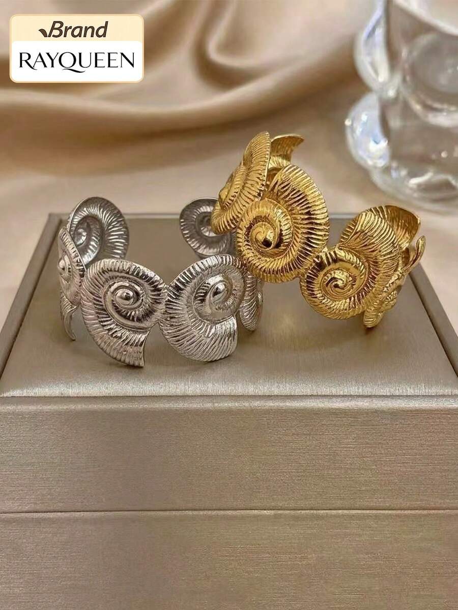 RAYQUEEN 1 Buah Gelang Bangle Terbuka Cangkang Kerang Tebal Stainless Steel untuk Wanita, Cocok untuk Pemakaian Sehari-hari dan Hadiah Liburan - gelang - View 1