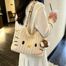 SANRIO Large Ins Style Korean Cute Cool Summer Straw Woven Cat Handbag, Portable Large Capacity Versatile Bag (No Accessories) - View 1
