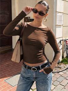 Da Jade Women Fall Winter Boat Neck Long Sleeve Fitted Ribbed Cropped Top City Stroll Getaway Weekend Hangout Leisure Retreat Sleek Versatile Outfit - Brown - View 3