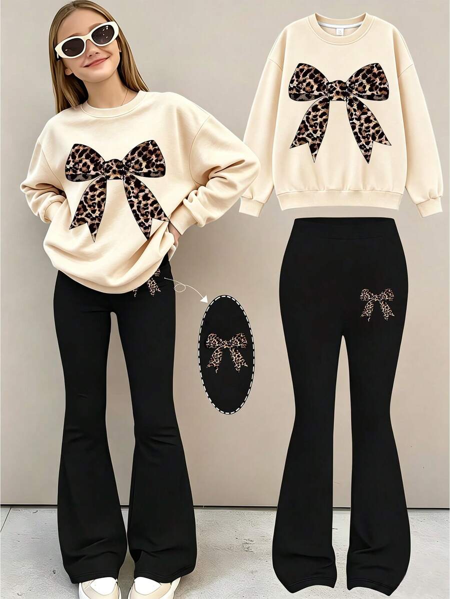 Girls Letter Print Sweatshirt + Flared Pants 2pcs Set, Light Blue & Black Casual Big Girls Outfit - Multicolor - View 1
